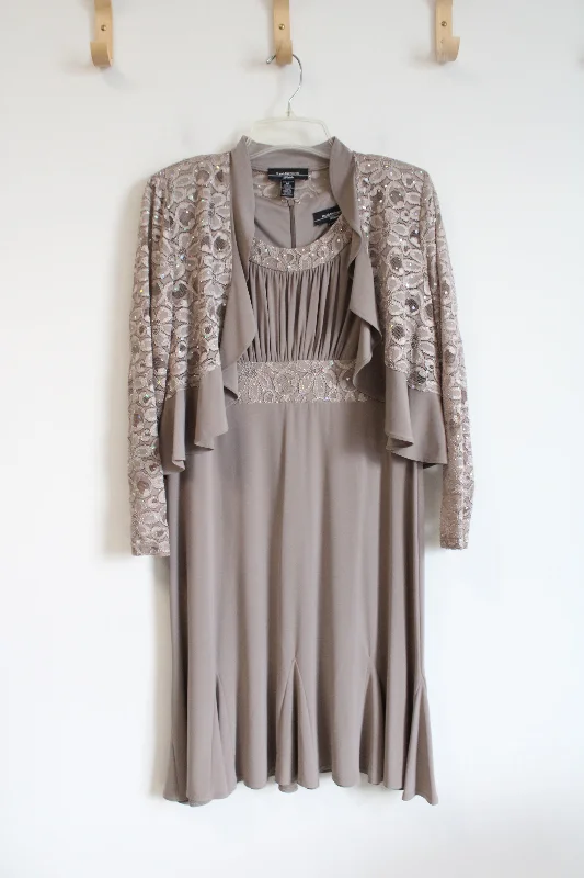 R&M Richards Lace & Rhinestone Taupe Dress & Jacket Set | 8 Petite Front Pockets Side Pockets Patch Pockets R&M Richards Lace & Rhinestone Taupe Dress & Jacket Set | 8 Petite Front Pockets Side Pockets Patch Pockets