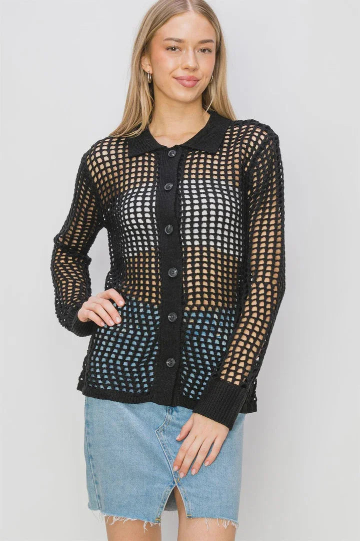 OPEN KNIT COLLARED CARDIGAN Notch Collar Peter Pan Collar Cowl Neck