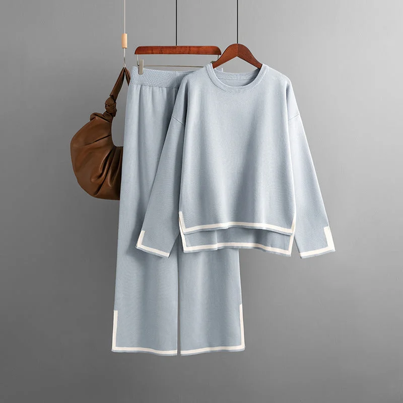 Women's Casual Long Sleeve Sweater and High Waist Wide Leg Pants Knitted Outfit Set Nylon Fabric Polyester Fabric Spandex Fabric Women's Casual Long Sleeve Sweater and High Waist Wide Leg Pants Knitted Outfit Set Nylon Fabric Polyester Fabric Spandex Fabric