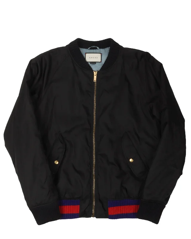 Embroidered Birds Nylon Bomber Jacket Jacket Blazer Coat