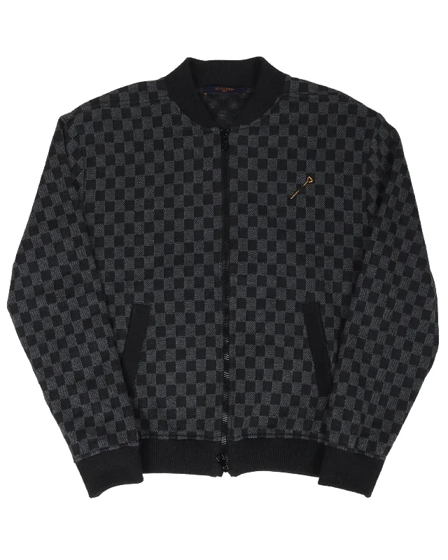 Damier Jacquard Bomber Jacket Zippered Front Buttoned Front Snap Front