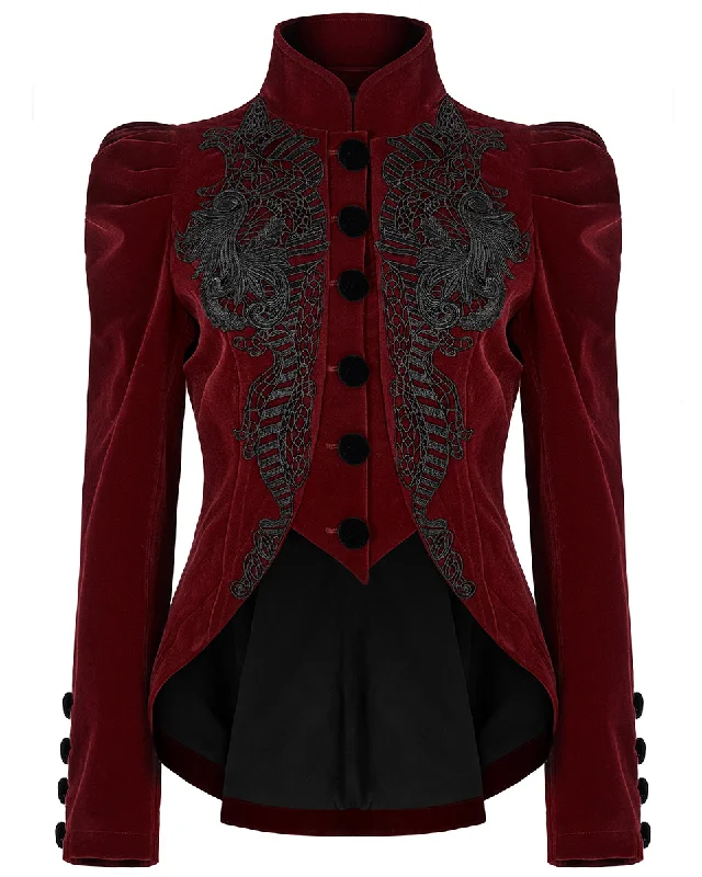Punk Rave Vesperina Womens Gothic Velvet Riding Jacket - Red Toggled Jacket Drawstring Jacket Belted Jacket Punk Rave Vesperina Womens Gothic Velvet Riding Jacket - Red Toggled Jacket Drawstring Jacket Belted Jacket