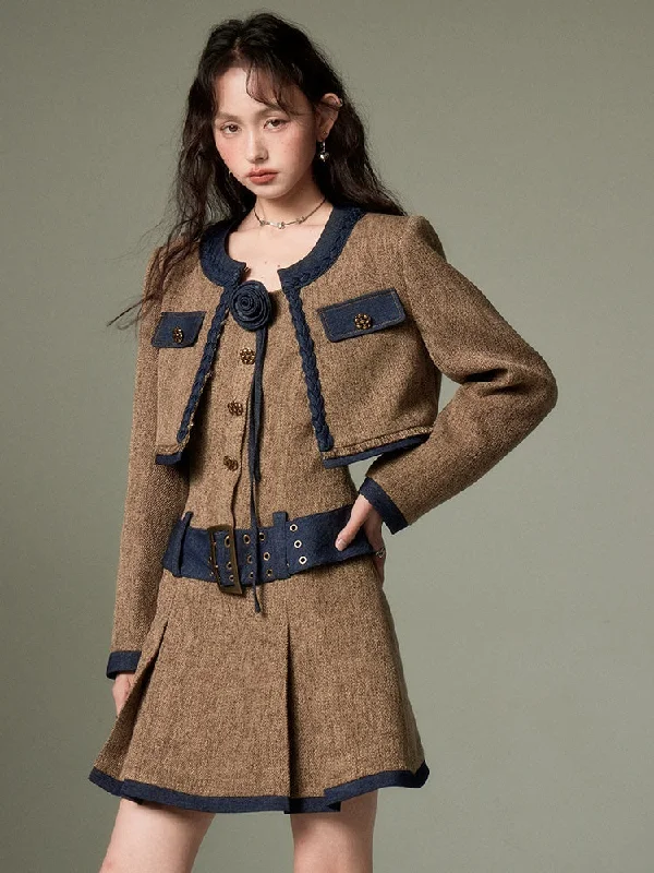 Tweed Short Jacket & Slip Skirt Combo Stand-Up Collar Roll-Neck Collar Turtle Neck