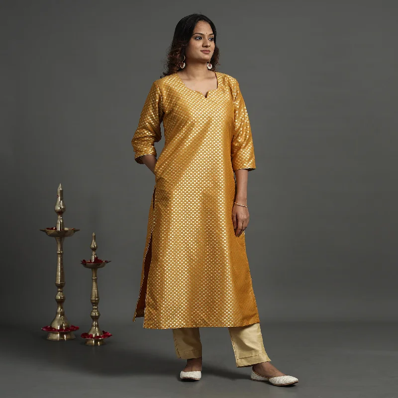 Mustard Yellow - Elegant Banarasi Brocade Silk Kurta with Pant Set Skinny New Arrival, Mustard Yellow - Elegant Banarasi Brocade Silk Kurta with Pant Set Skinny New Arrival,
