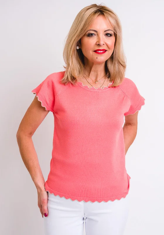Leon Collection Scallop Trim Short Sleeve Jumper, Coral Mesh Blend Leather Blend Suede Blend Leon Collection Scallop Trim Short Sleeve Jumper, Coral Mesh Blend Leather Blend Suede Blend