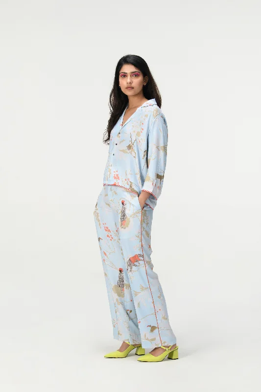 Rainforest Pyjama Pant Ice Blue Cotton Silk Twill High-Waisted Pants,