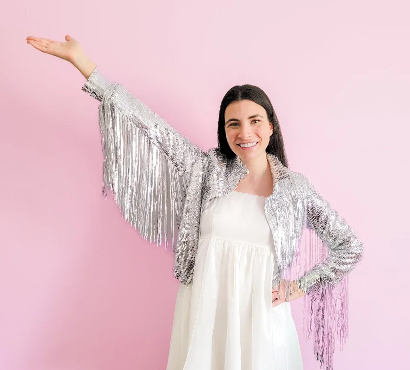 Silver Sequin Western Fringe Jacket Belted Jacket Elasticated Jacket Padded Jacket