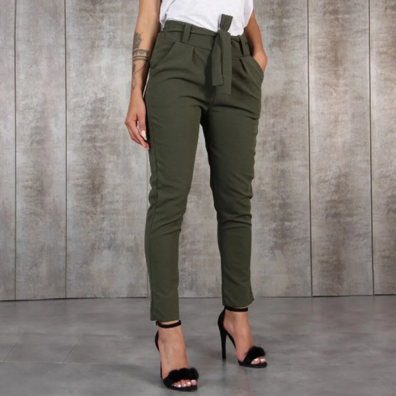 Women Wild Summer Cotton Casual Stretch Sashes Ankle-Length Trousers Elastic Mid Waist Loose Straight Pencil Pants with Belt Trousers Gym Athletic Women Wild Summer Cotton Casual Stretch Sashes Ankle-Length Trousers Elastic Mid Waist Loose Straight Pencil Pants with Belt Trousers Gym Athletic
