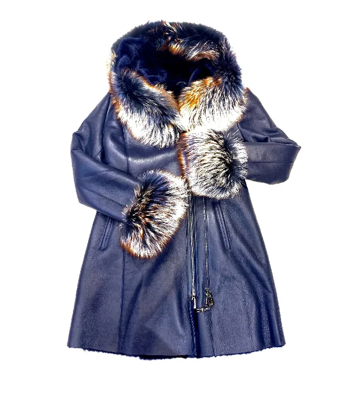 Temer Women's Navy Blue Fox Collar 3/4 Shearling Jacket Zip Front Button Front Snap Front Temer Women's Navy Blue Fox Collar 3/4 Shearling Jacket Zip Front Button Front Snap Front