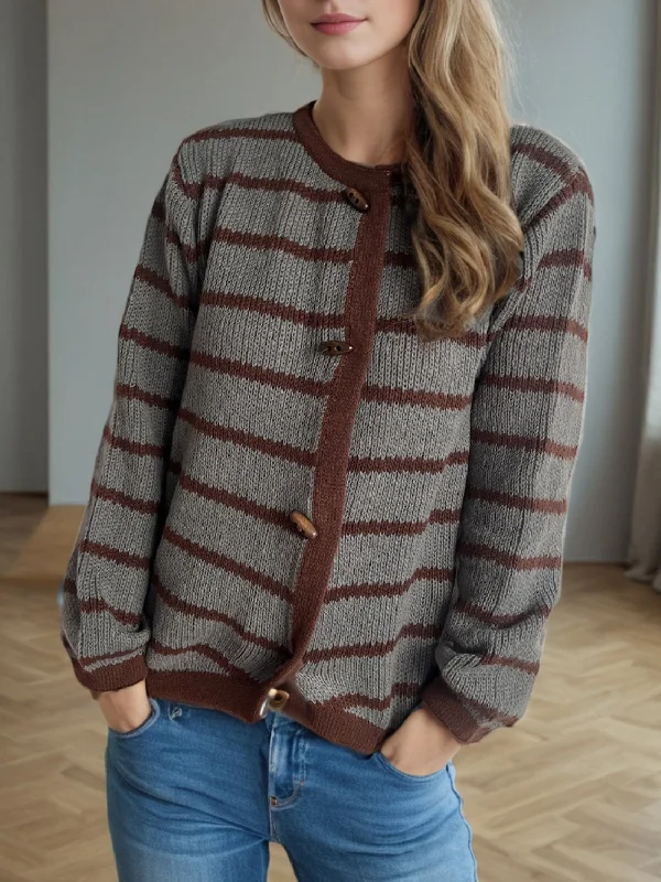 Hazel Blues® | Striped Round Neck Long Sleeve Cardigan Nylon Fabric Polyester Fabric Spandex Fabric Hazel Blues® | Striped Round Neck Long Sleeve Cardigan Nylon Fabric Polyester Fabric Spandex Fabric