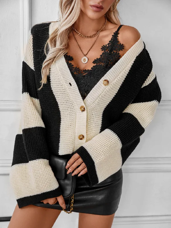 Hazel Blues® | Waffle-Knit V-Neck Striped Long Sleeve Cardigan Cotton Fabric Linen Fabric Terry Fabric Hazel Blues® | Waffle-Knit V-Neck Striped Long Sleeve Cardigan Cotton Fabric Linen Fabric Terry Fabric