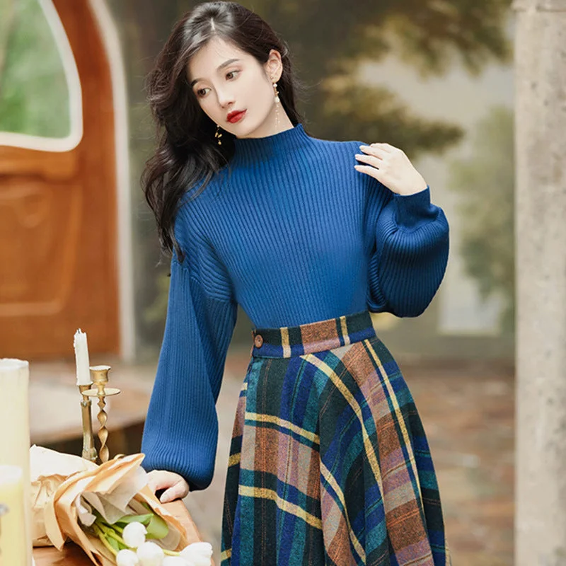 Women's Retro Elegant Blue Turtleneck Knit Sweater and Plaid Swing Skirt Outfit Set Mesh Fabric Canvas Fabric Denim Fabric Women's Retro Elegant Blue Turtleneck Knit Sweater and Plaid Swing Skirt Outfit Set Mesh Fabric Canvas Fabric Denim Fabric