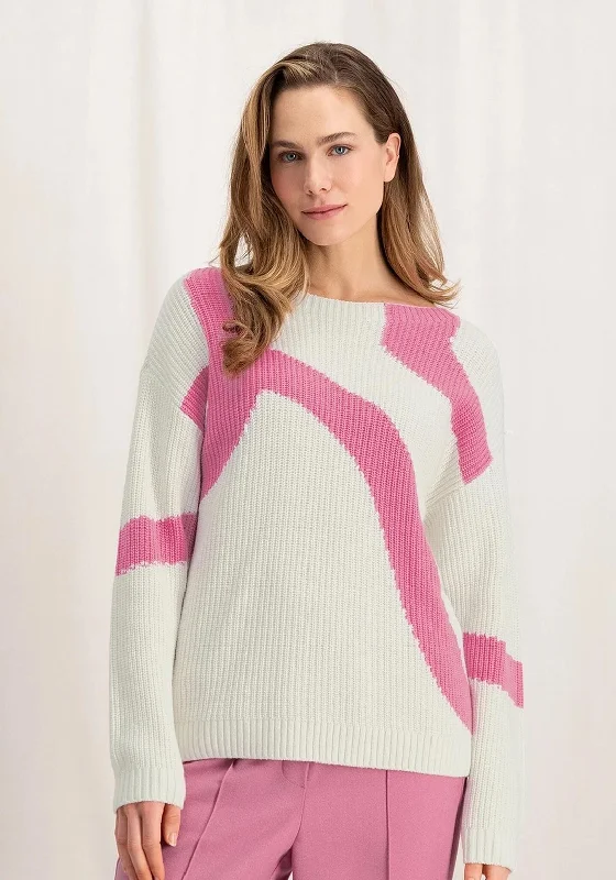 YAYA Boatneck Two-Tone Jacquard Sweater, Bone White Dessin Stylish Fashionable Trendy YAYA Boatneck Two-Tone Jacquard Sweater, Bone White Dessin Stylish Fashionable Trendy