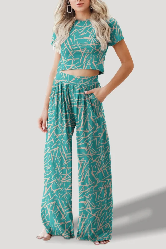 Hazel Blues® |  Printed Round Neck Short Sleeve Top and Pants Set Free Shipping Bootcut,