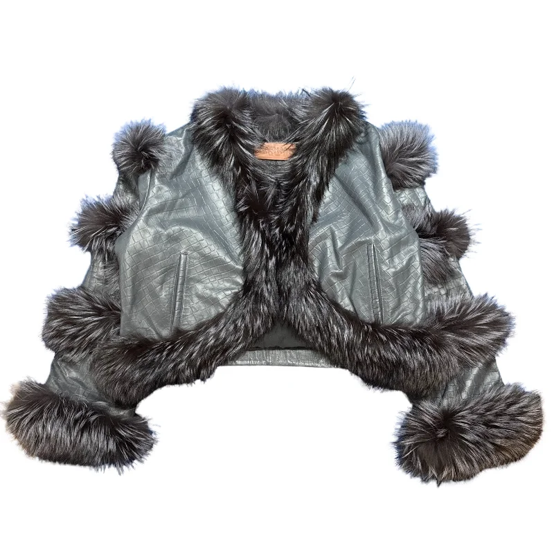 Kashani Women's Grey Embossed Alligator Fox Fur Cropped Jacket Rayon Fabric Velvet Fabric Corduroy Fabric Kashani Women's Grey Embossed Alligator Fox Fur Cropped Jacket Rayon Fabric Velvet Fabric Corduroy Fabric