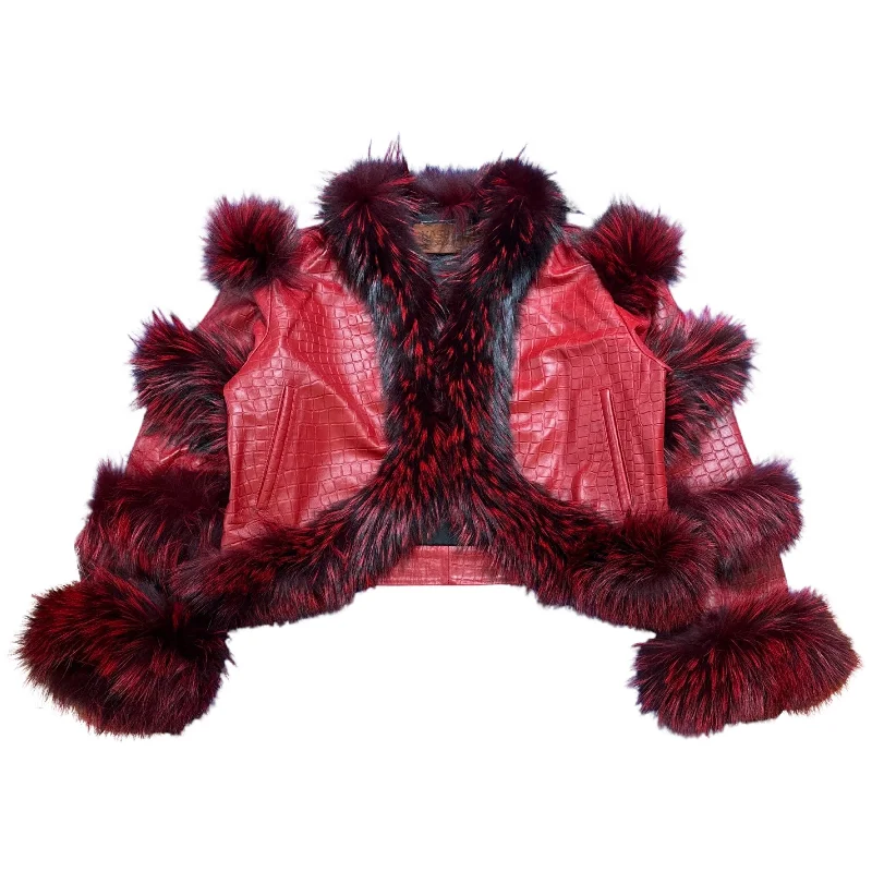 Kashani Women's Red Embossed Alligator Fox Fur Cropped Jacket Nylon Fabric Polyester Fabric Spandex Fabric Kashani Women's Red Embossed Alligator Fox Fur Cropped Jacket Nylon Fabric Polyester Fabric Spandex Fabric