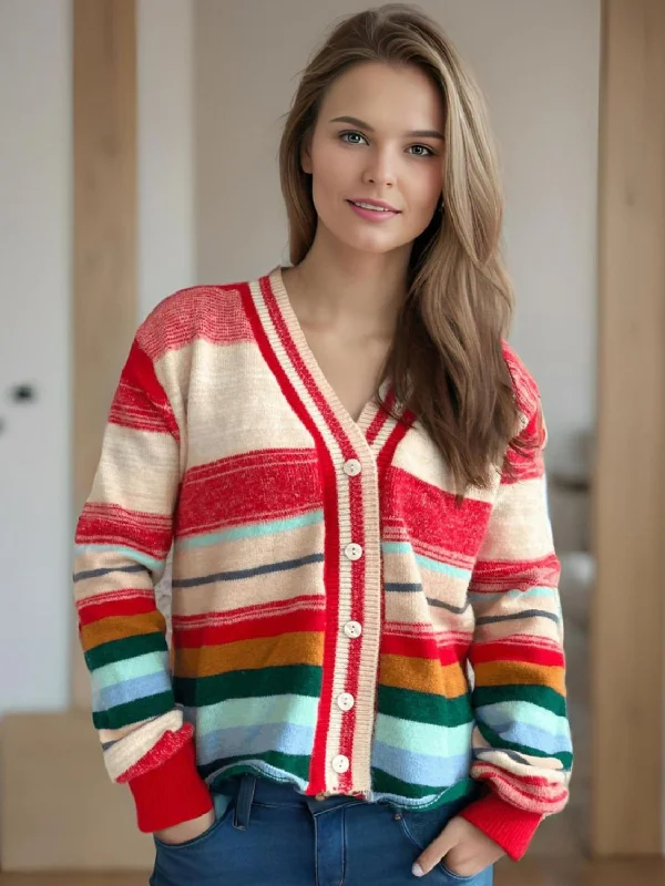 Hazel Blues® | Striped Button Down V-Neck Long Sleeve Cardigan Patchwork Embroidered Appliqued Hazel Blues® | Striped Button Down V-Neck Long Sleeve Cardigan Patchwork Embroidered Appliqued