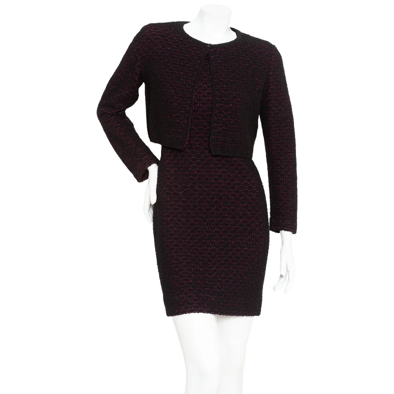 Black and Purple Wool-Blend Knit Dress and Cardigan Two-Piece Set Open Front Closed Front Wrap Front Black and Purple Wool-Blend Knit Dress and Cardigan Two-Piece Set Open Front Closed Front Wrap Front