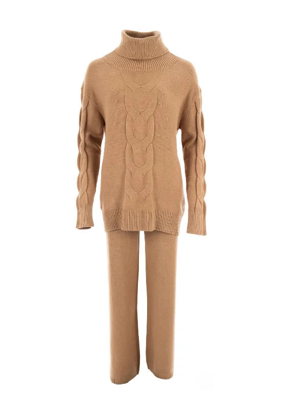 Malissa J Roll One Size Neck Cable Knit Jumper and Trousers, Camel Beaded Sweater Sequined Faux Fur Malissa J Roll One Size Neck Cable Knit Jumper and Trousers, Camel Beaded Sweater Sequined Faux Fur