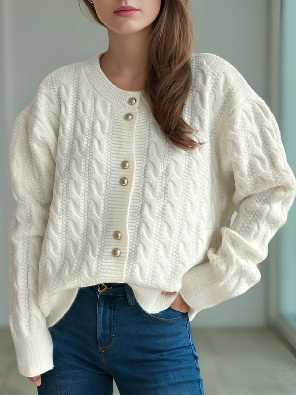 Hazel Blues® | Cable-Knit Round Neck Long Sleeve Cardigan Front Pockets Side Pockets Patch Pockets Hazel Blues® | Cable-Knit Round Neck Long Sleeve Cardigan Front Pockets Side Pockets Patch Pockets