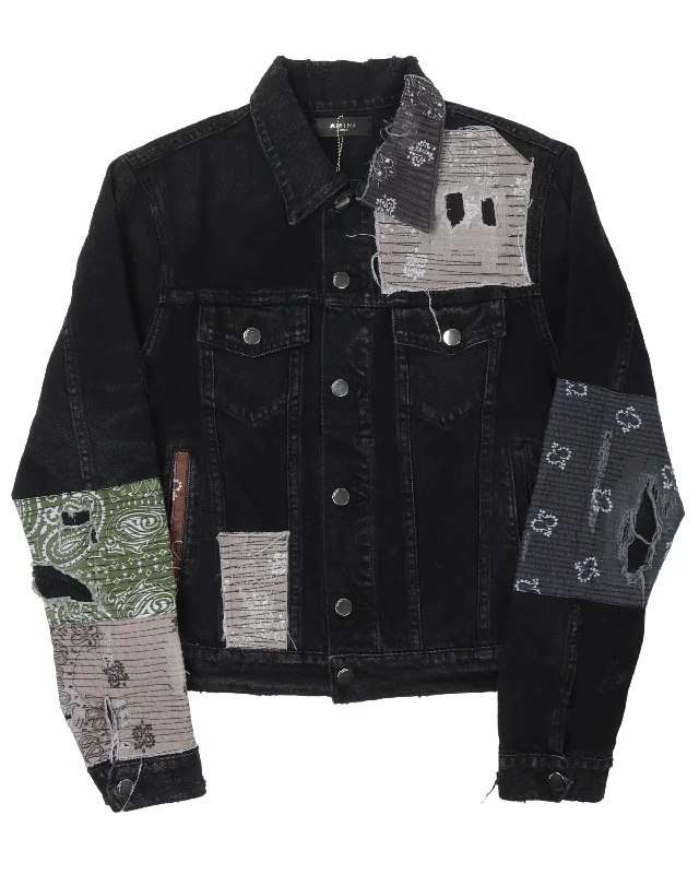 Paisley Patched Denim Jacket Tiered Jacket Buttoned Jacket Zippered Jacket