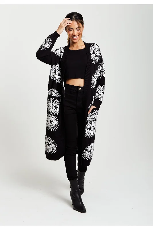 Liquorish Eye Pattern Longline Cardigan In Black Wool Cardigan Cotton Cardigan Cashmere Cardigan Liquorish Eye Pattern Longline Cardigan In Black Wool Cardigan Cotton Cardigan Cashmere Cardigan