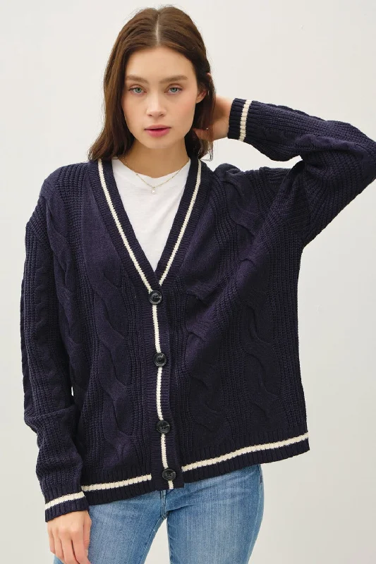 Hazel Blues® | Be Cool Contrast Trim Cable-Knit V-Neck Cardigan Crew Neck V-Neck Turtle Neck Hazel Blues® | Be Cool Contrast Trim Cable-Knit V-Neck Cardigan Crew Neck V-Neck Turtle Neck