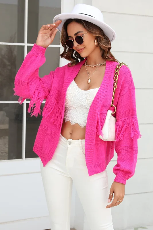 Fringe Trim Open Front Cardigan (S-XL) Transparent Opaque Sheer
