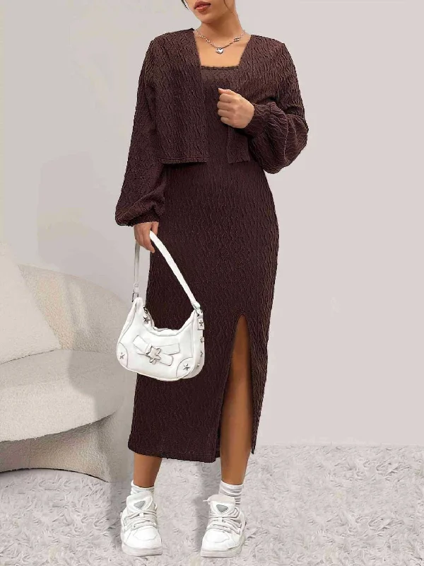 Hazel Blues® | Open Front Long Sleeve Cardigan and Side Slit Cami Dress Set Chenille Fabric Brocade Fabric Lace Fabric Hazel Blues® | Open Front Long Sleeve Cardigan and Side Slit Cami Dress Set Chenille Fabric Brocade Fabric Lace Fabric