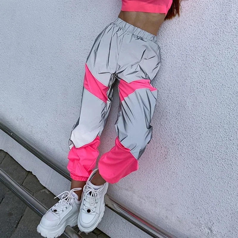 OMSJ Autumn Winter Loose Hight Waist Flash Reflective Patchwork Jogger Pants 2019 Women Neon Streetwear Outfits Cargo Trousers Trousers Running Lightweight OMSJ Autumn Winter Loose Hight Waist Flash Reflective Patchwork Jogger Pants 2019 Women Neon Streetwear Outfits Cargo Trousers Trousers Running Lightweight