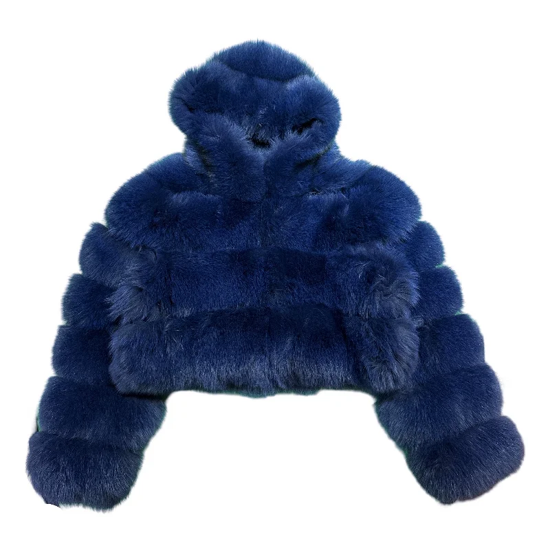 Kashani Women's Blue Fox Fur Cropped Hooded Jacket Cotton Fabric Linen Fabric Terry Fabric Kashani Women's Blue Fox Fur Cropped Hooded Jacket Cotton Fabric Linen Fabric Terry Fabric
