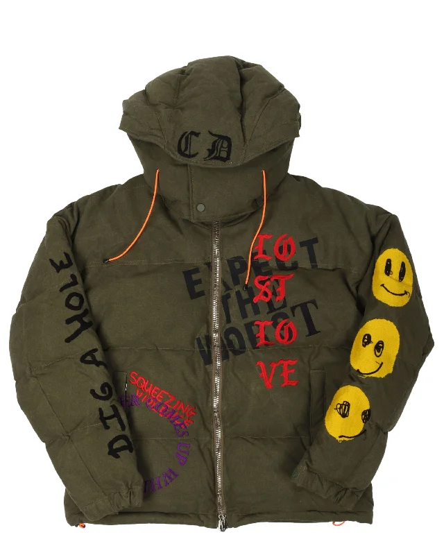 Down Puffer Jacket with Smileys Mesh Jacket Canvas Jacket Denim Jacket
