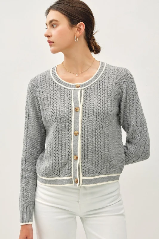 Hazel Blues® | Be Cool Cable Knit Long Sleeve Contrast Edge Cardigan Jersey Fabric Tulle Fabric Batik Fabric Hazel Blues® | Be Cool Cable Knit Long Sleeve Contrast Edge Cardigan Jersey Fabric Tulle Fabric Batik Fabric