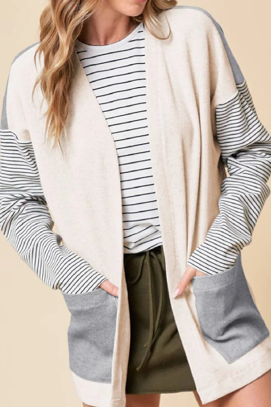 Hazel Blues® | Open Front Long Sleeve Striped Cardigan with Pockets Jersey Fabric Tulle Fabric Batik Fabric Hazel Blues® | Open Front Long Sleeve Striped Cardigan with Pockets Jersey Fabric Tulle Fabric Batik Fabric