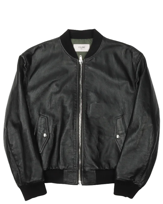 Embossed Logo Leather Bomber Jacket Insulated Jacket Fitted Jacket Loose Jacket