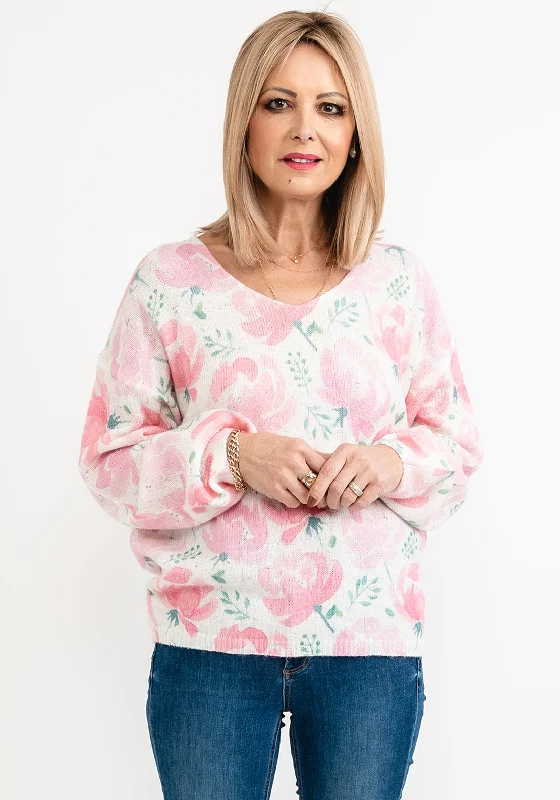 Seventy1 One Size Floral Knit Jumper, Pink Multi Welt Pockets Slit Pockets Flap Pockets Seventy1 One Size Floral Knit Jumper, Pink Multi Welt Pockets Slit Pockets Flap Pockets