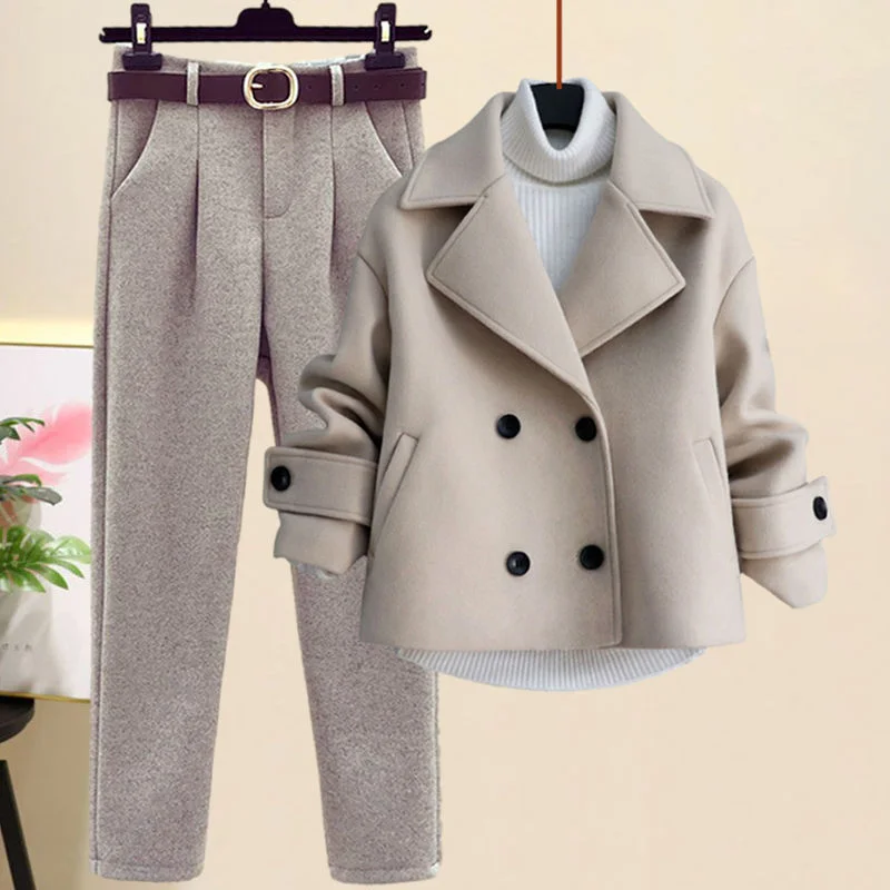 Women's Casual Woolen Coat, Sweater and Pants Three Piece Outfit Set Wool Fabric Cashmere Fabric Tweed Fabric Women's Casual Woolen Coat, Sweater and Pants Three Piece Outfit Set Wool Fabric Cashmere Fabric Tweed Fabric