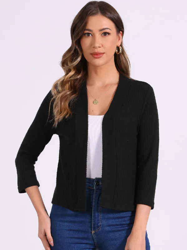 Open Front 3/4 Sleeves Knit Casual Cropped Cardigan Nylon Fabric Polyester Fabric Spandex Fabric