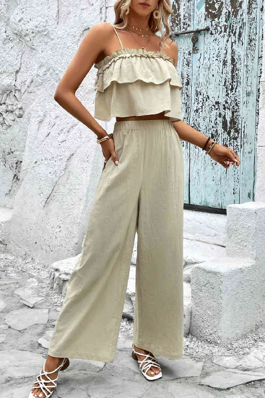 Frill Trim Cami and Wide Leg Pants Set Stretch Trendy,