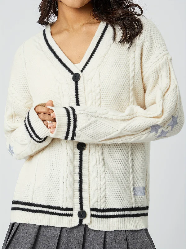 Hazel Blues® | Star Embroidered V-Neck Long Sleeve Cardigan Faux Fur Fabric Real Fur Fabric Shearling Fabric Hazel Blues® | Star Embroidered V-Neck Long Sleeve Cardigan Faux Fur Fabric Real Fur Fabric Shearling Fabric