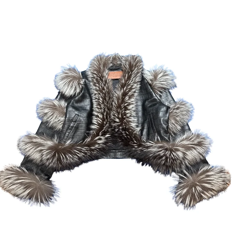Kashani Women's Black Embossed Alligator Silver Fox Fur Cropped Jacket Jacket Blazer Coat Kashani Women's Black Embossed Alligator Silver Fox Fur Cropped Jacket Jacket Blazer Coat