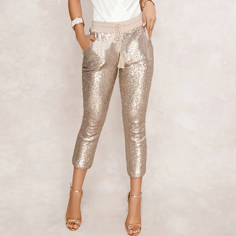 Fashion Sequin Pencil Pants 2020 New Hot Solid Black/Gold Women Drawstring Waist Bling Party Nightclub Calf-length Trousers Trousers Denim Distressed Fashion Sequin Pencil Pants 2020 New Hot Solid Black/Gold Women Drawstring Waist Bling Party Nightclub Calf-length Trousers Trousers Denim Distressed
