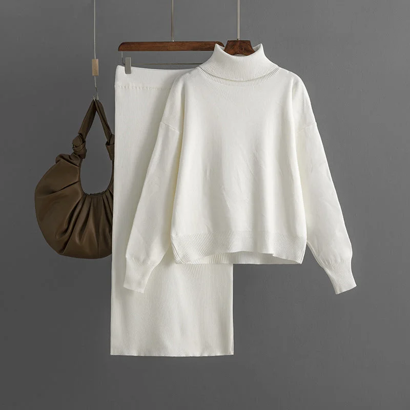 Women's Knit Turtleneck Sweater and Skirt Two-piece Outfit Set Stylish Fashionable Trendy Women's Knit Turtleneck Sweater and Skirt Two-piece Outfit Set Stylish Fashionable Trendy
