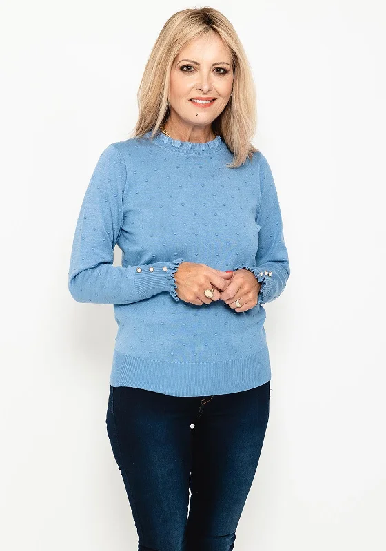 Micha Embroidered Texture Frill Trim Sweater, Dusty Blue Real Fur Shearling Chenille Micha Embroidered Texture Frill Trim Sweater, Dusty Blue Real Fur Shearling Chenille