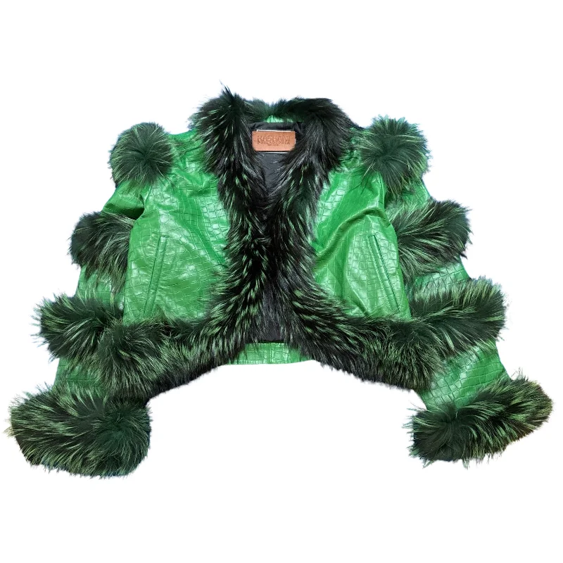 Kashani Women's Green Embossed Alligator Fox Fur Cropped Jacket Chenille Fabric Brocade Fabric Lace Fabric Kashani Women's Green Embossed Alligator Fox Fur Cropped Jacket Chenille Fabric Brocade Fabric Lace Fabric