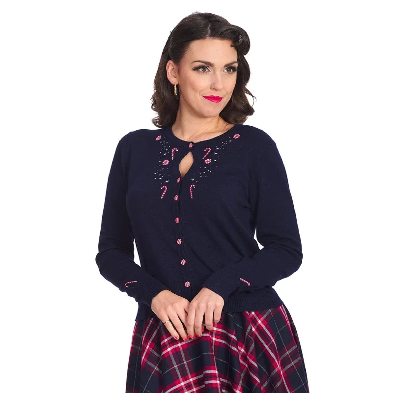 Banned Christmas Peppermints Cardigan in Navy Tailored Straight A-Line