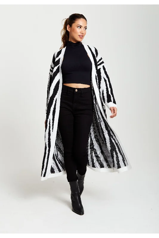 Liquorish Longline Cardigan In Black And White Zebra Pattern Crew Neck V-Neck Turtle Neck Liquorish Longline Cardigan In Black And White Zebra Pattern Crew Neck V-Neck Turtle Neck