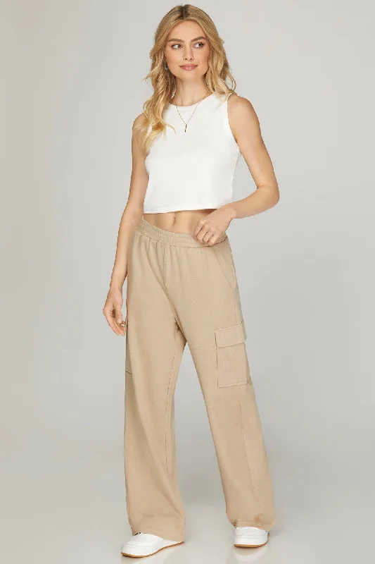 Knit Cargo Pants With Pockets And Waist Elastic Bootcut Leggings,