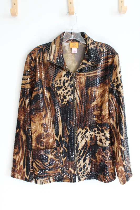 Ruby Rd. Brown Animal Print Textured Lightweight Jacket | 14 Rayon Fabric Velvet Fabric Corduroy Fabric Ruby Rd. Brown Animal Print Textured Lightweight Jacket | 14 Rayon Fabric Velvet Fabric Corduroy Fabric