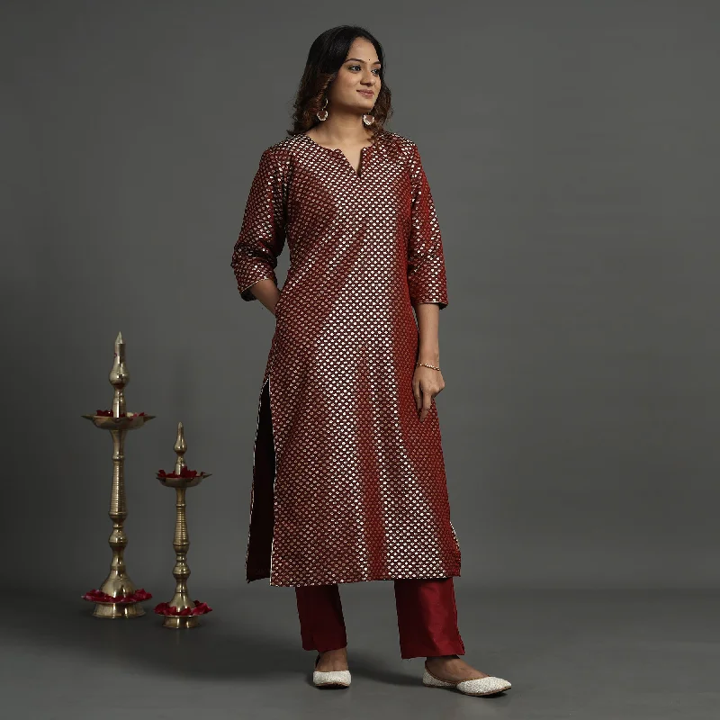 Maroon - Elegant Banarasi Brocade Silk Kurta with Pant Set Pants High-Waisted,